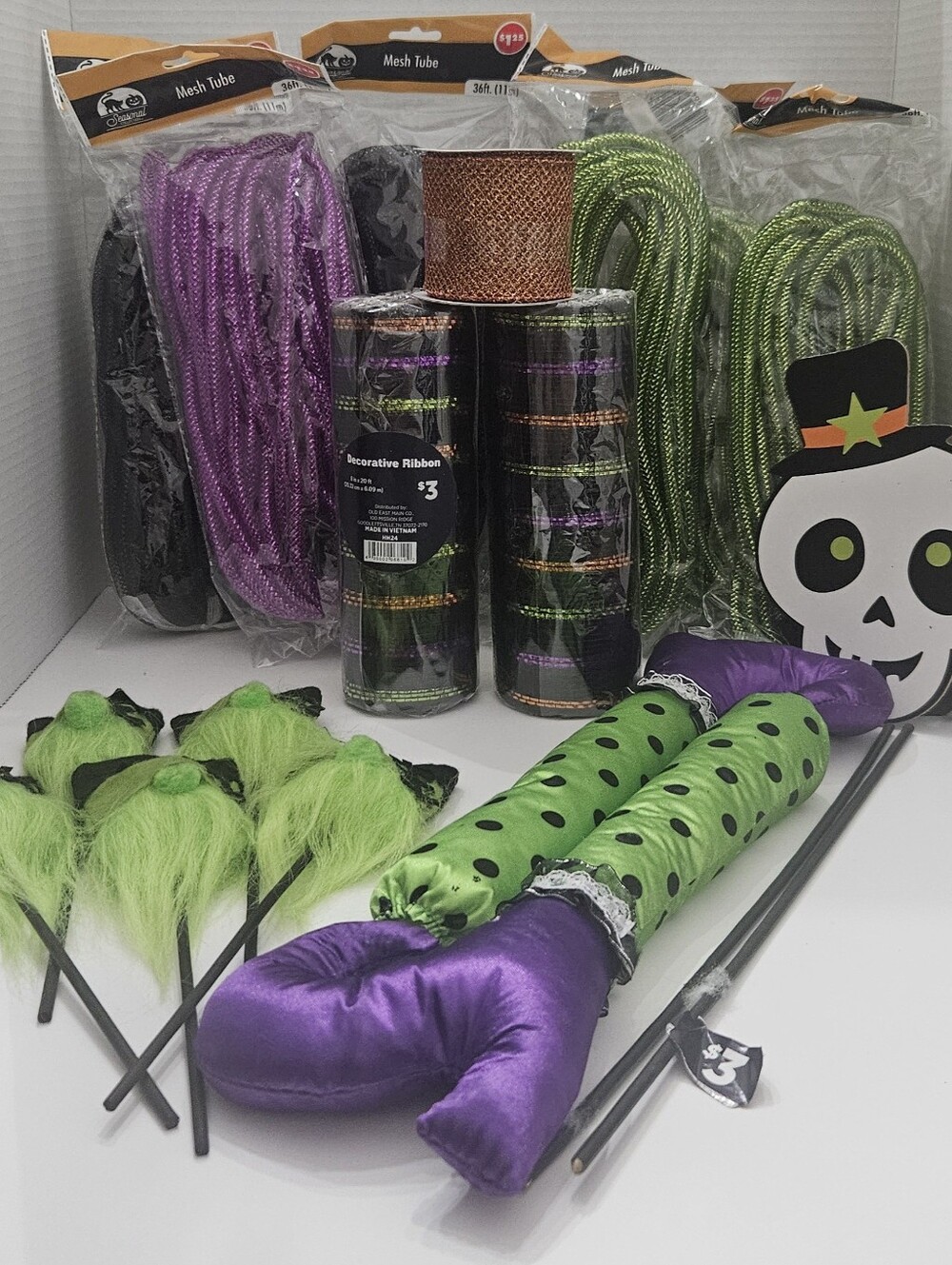 Halloween Wreath Making Craft Supply Lot Mesh Tube Deco Ribbon Witch Legs